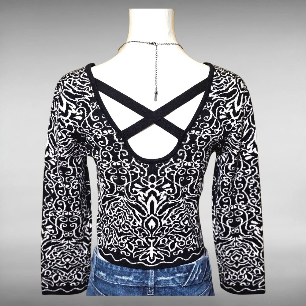 Cozy Grunge Dark Boho Damask Print Strappy Open Back Crop Top Womens M